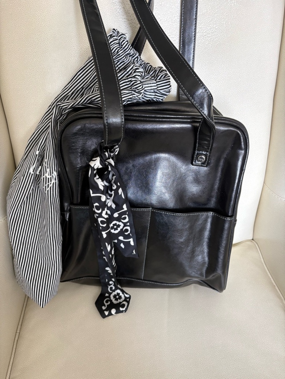 thirty-one Black Leather Satchel with Patterned Scarf Accent